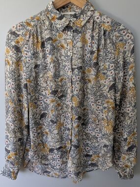 H&M Women's Floral Button-Up Shirt - Cream with Yellow & Gray Floral Print